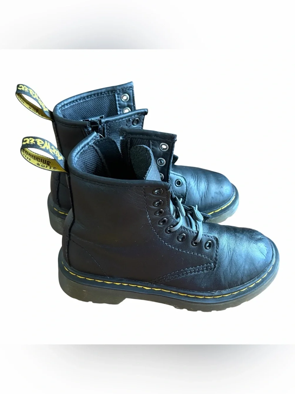 Dr Martens Kids 1460 Black Leather Combat Boots Size 12 Side Zip+Elastic Laces